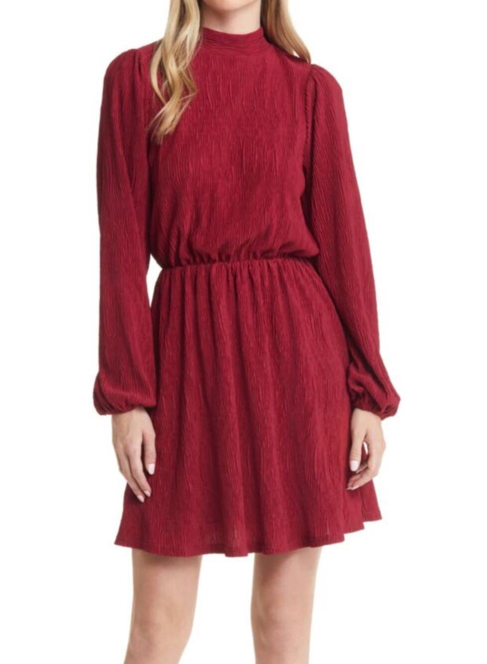 Floret Studios Women's Red Pleated Long Sleeve Mini Dress M NWOT